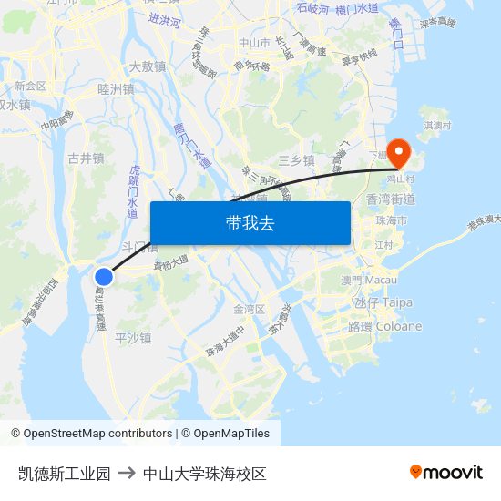 凯德斯工业园 to 中山大学珠海校区 map