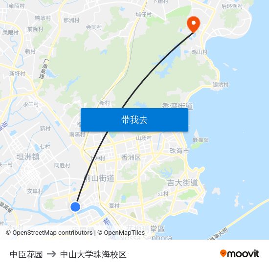 中臣花园 to 中山大学珠海校区 map