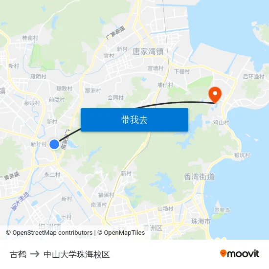 古鹤 to 中山大学珠海校区 map