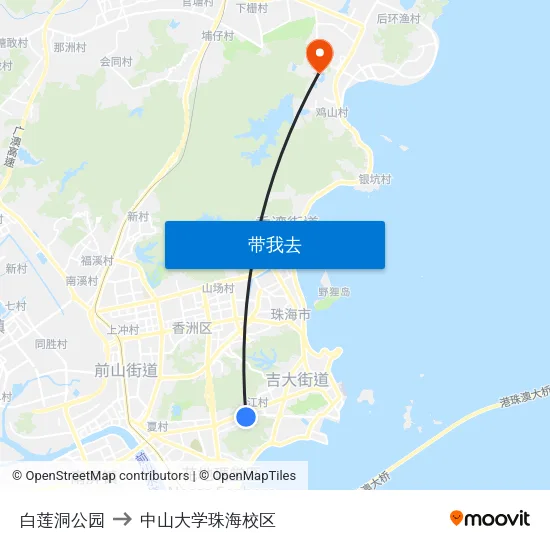 白莲洞公园 to 中山大学珠海校区 map