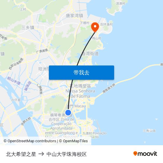 北大希望之星 to 中山大学珠海校区 map