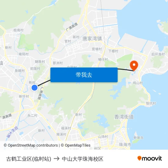 古鹤工业区(临时站) to 中山大学珠海校区 map