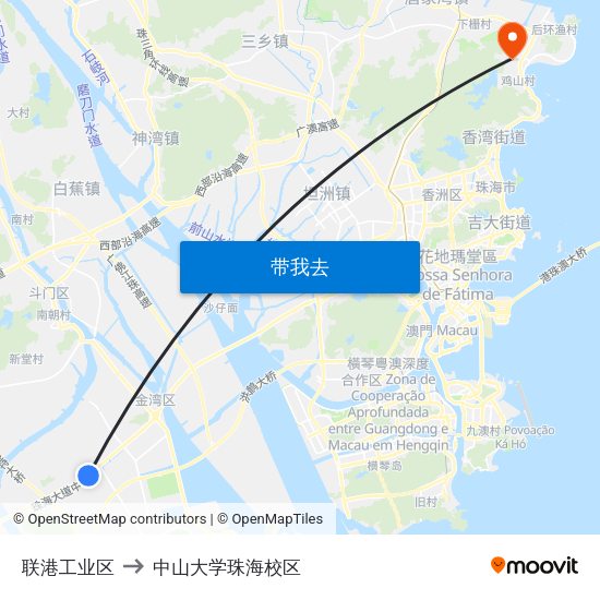 联港工业区 to 中山大学珠海校区 map