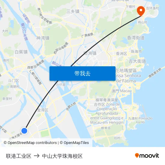 联港工业区 to 中山大学珠海校区 map