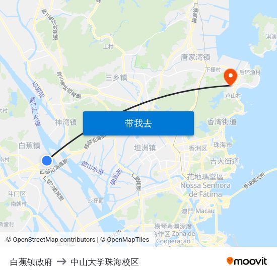 白蕉镇政府 to 中山大学珠海校区 map