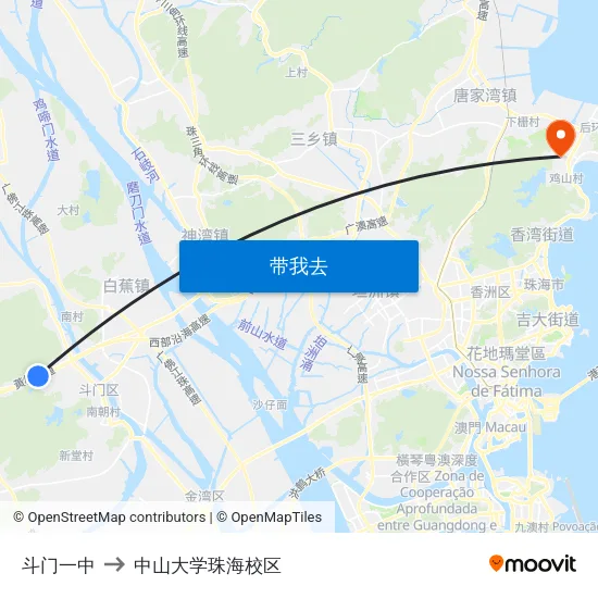 斗门一中 to 中山大学珠海校区 map