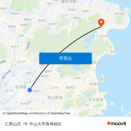 汇翠山庄 to 中山大学珠海校区 map