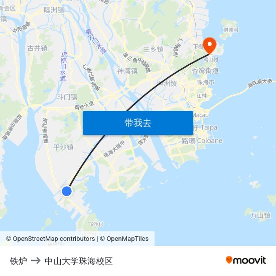 铁炉 to 中山大学珠海校区 map