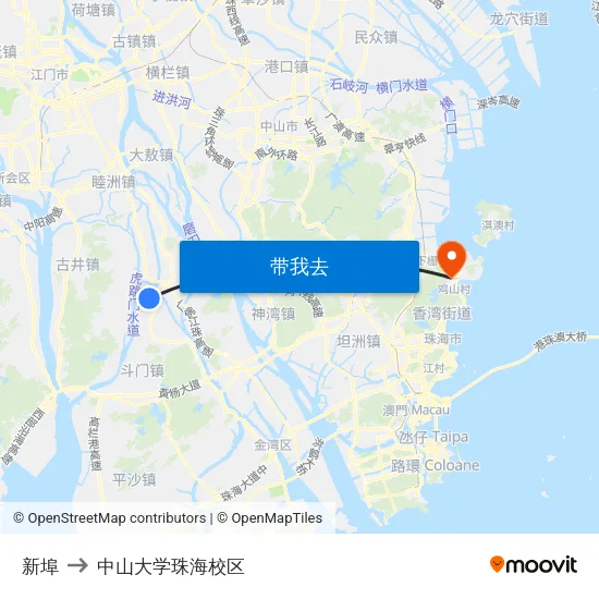 新埠 to 中山大学珠海校区 map