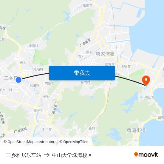 三乡雅居乐车站 to 中山大学珠海校区 map