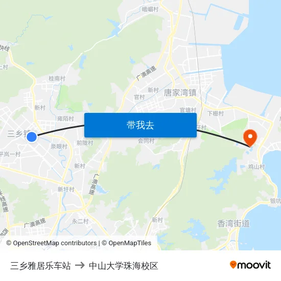 三乡雅居乐车站 to 中山大学珠海校区 map
