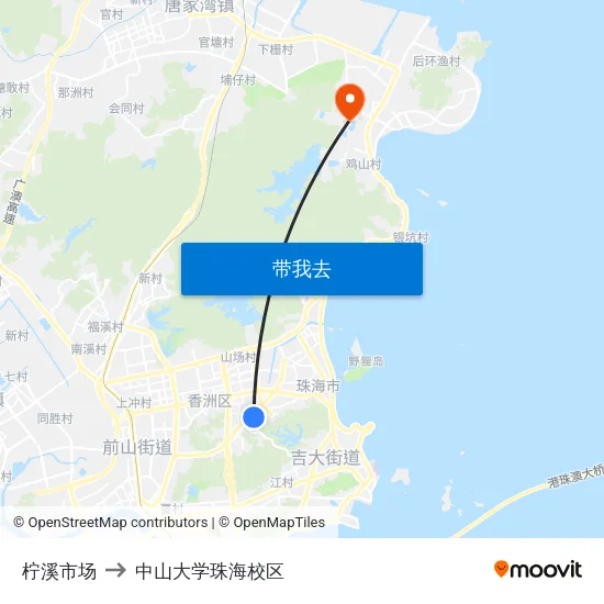 柠溪市场 to 中山大学珠海校区 map