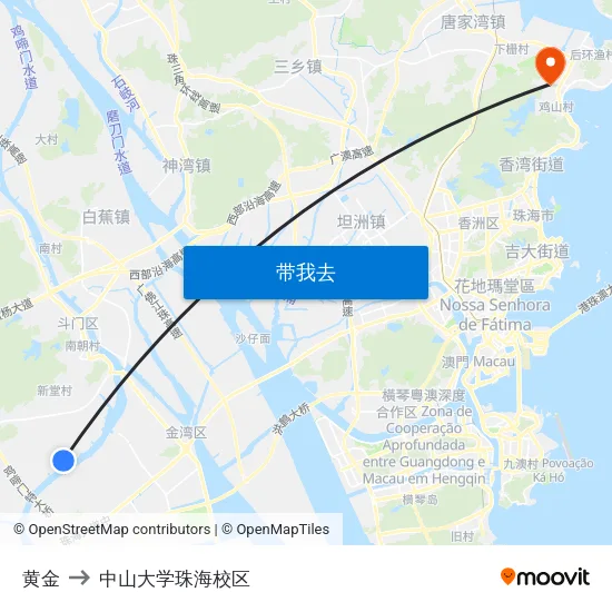 黄金 to 中山大学珠海校区 map