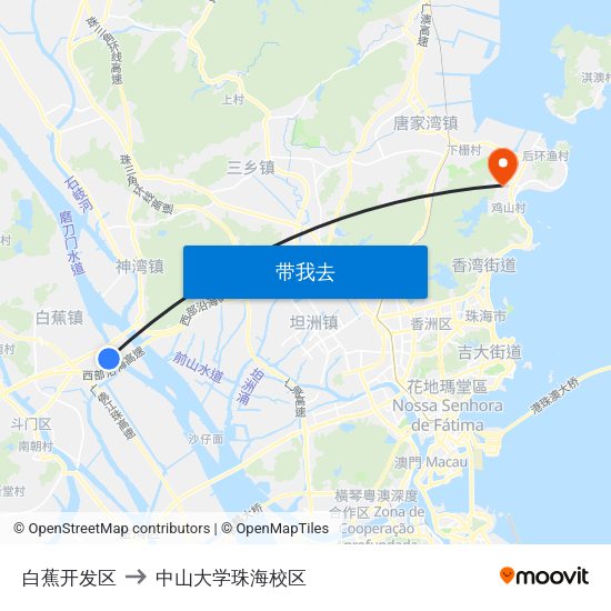 白蕉开发区 to 中山大学珠海校区 map
