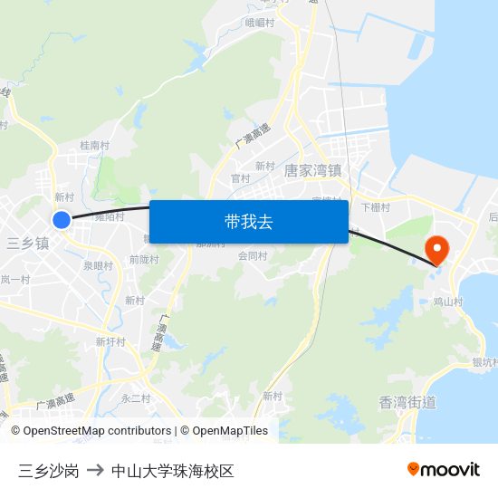 三乡沙岗 to 中山大学珠海校区 map