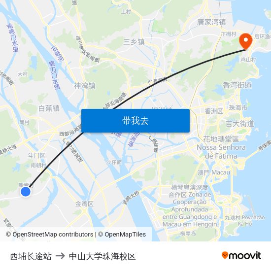 西埔长途站 to 中山大学珠海校区 map