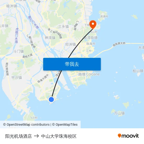 阳光机场酒店 to 中山大学珠海校区 map
