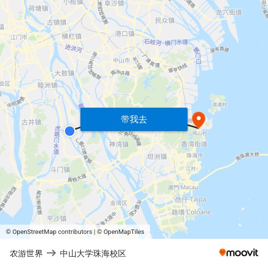 农游世界 to 中山大学珠海校区 map