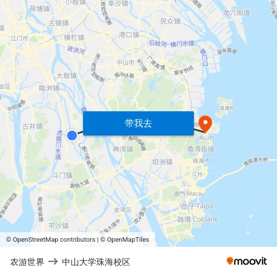 农游世界 to 中山大学珠海校区 map