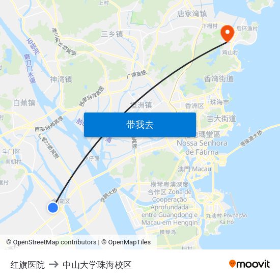 红旗医院 to 中山大学珠海校区 map