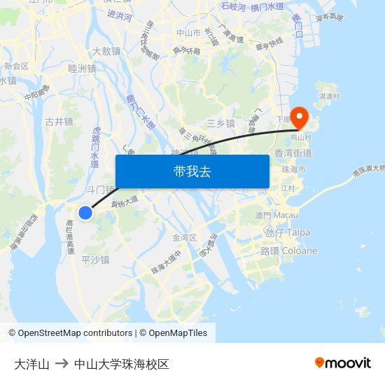 大洋山 to 中山大学珠海校区 map