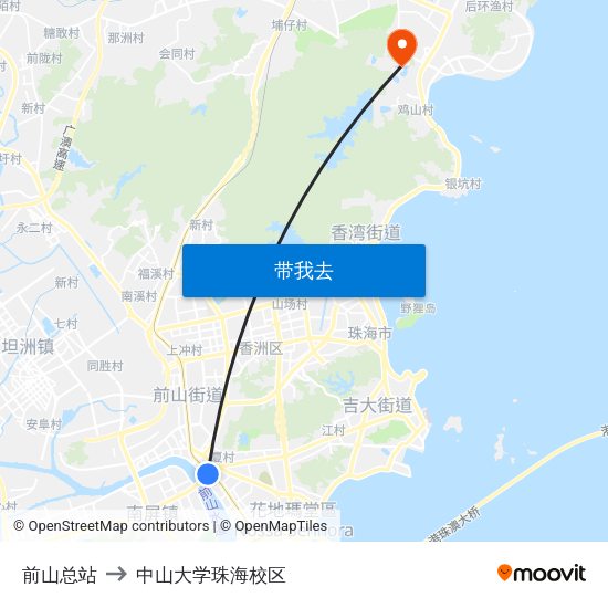 前山总站 to 中山大学珠海校区 map