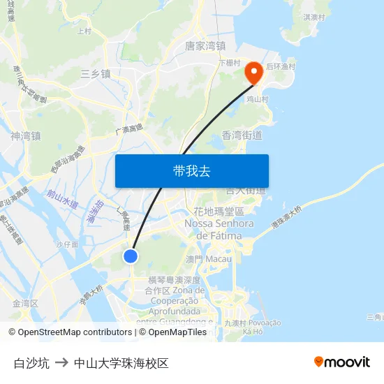 白沙坑 to 中山大学珠海校区 map