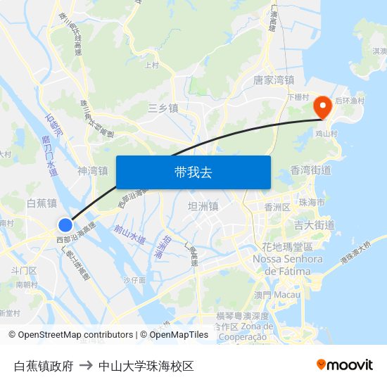 白蕉镇政府 to 中山大学珠海校区 map