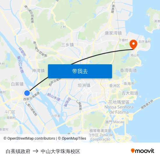 白蕉镇政府 to 中山大学珠海校区 map