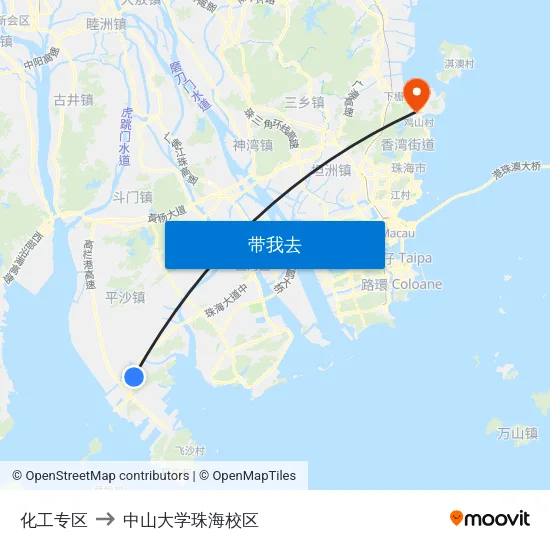 化工专区 to 中山大学珠海校区 map