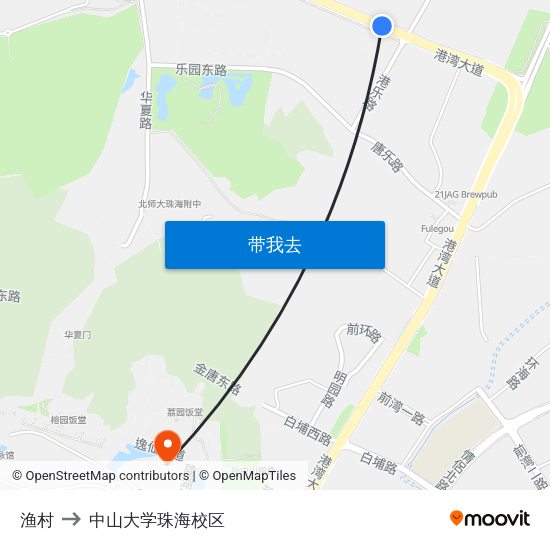 渔村 to 中山大学珠海校区 map