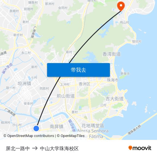 屏北一路中 to 中山大学珠海校区 map