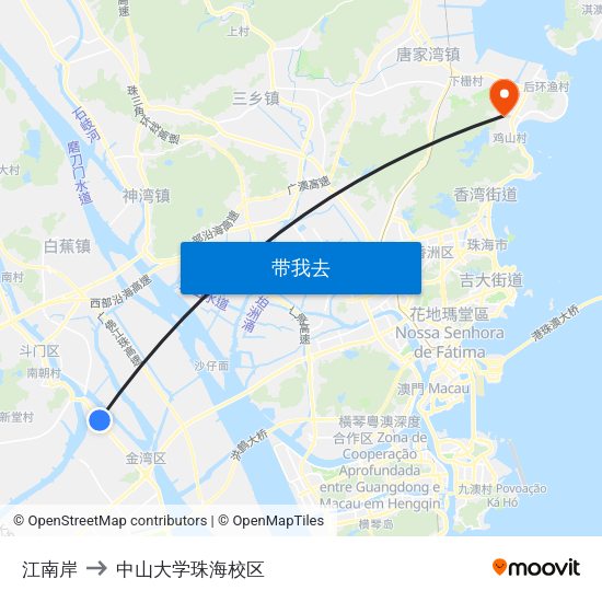 江南岸 to 中山大学珠海校区 map