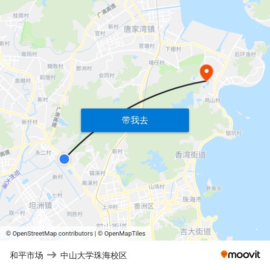 和平市场 to 中山大学珠海校区 map