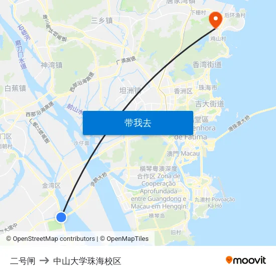 二号闸 to 中山大学珠海校区 map