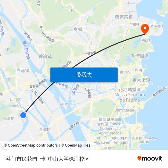 斗门市民花园 to 中山大学珠海校区 map