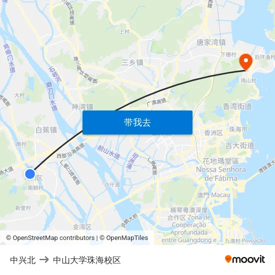 中兴北 to 中山大学珠海校区 map