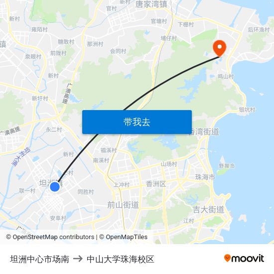 坦洲中心市场南 to 中山大学珠海校区 map