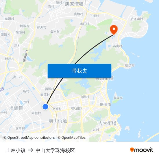上冲小镇 to 中山大学珠海校区 map