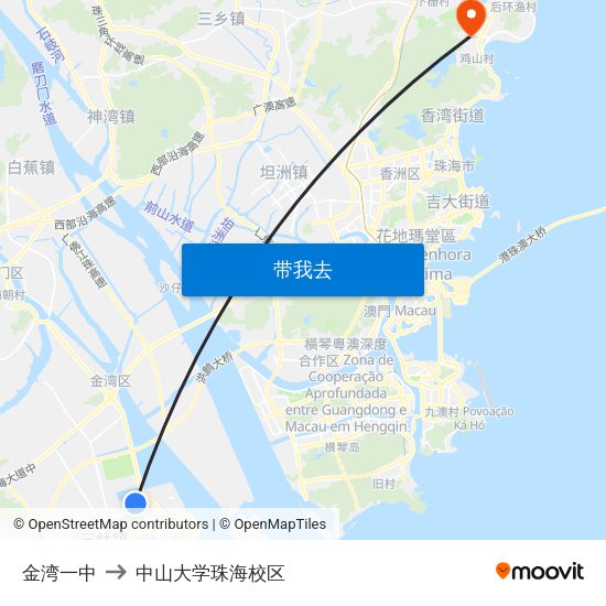 金湾一中 to 中山大学珠海校区 map