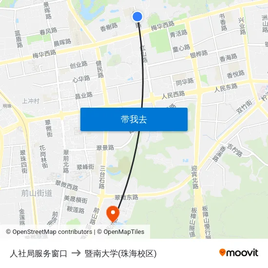 人社局服务窗口 to 暨南大学(珠海校区) map
