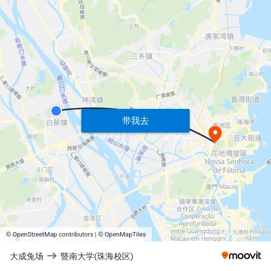 大成兔场 to 暨南大学(珠海校区) map