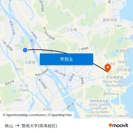 铁山 to 暨南大学(珠海校区) map