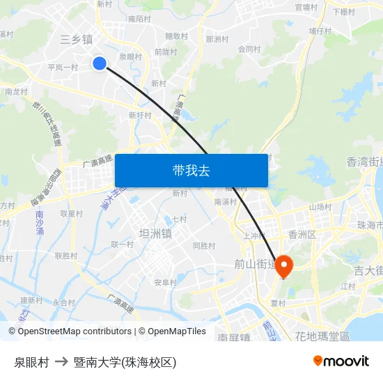 泉眼村 to 暨南大学(珠海校区) map