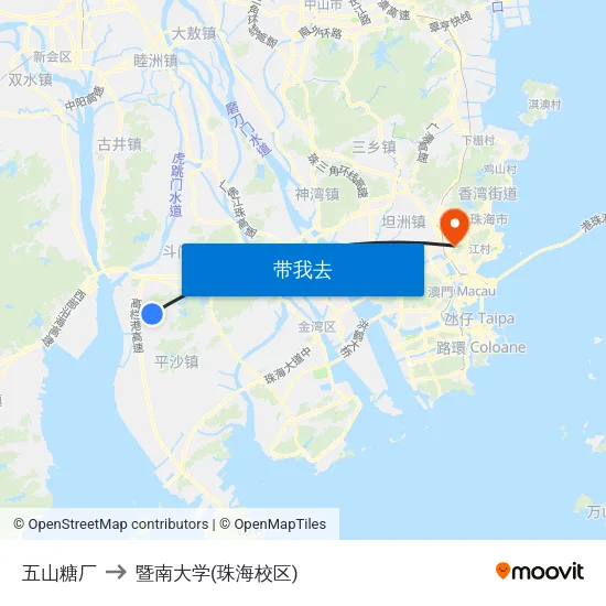 五山糖厂 to 暨南大学(珠海校区) map