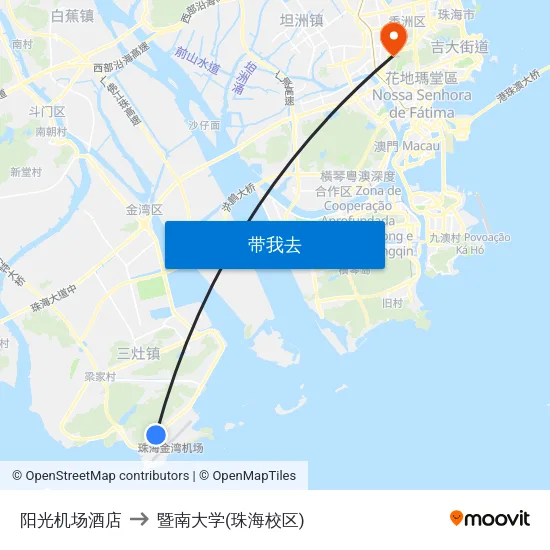 阳光机场酒店 to 暨南大学(珠海校区) map
