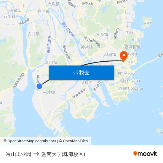 富山工业园 to 暨南大学(珠海校区) map