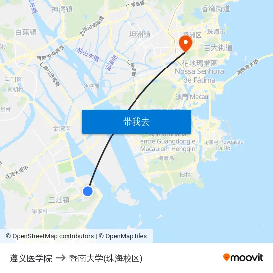 遵义医学院 to 暨南大学(珠海校区) map