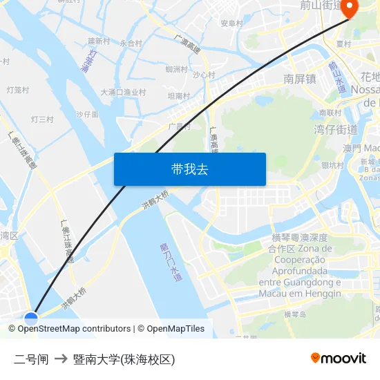 二号闸 to 暨南大学(珠海校区) map