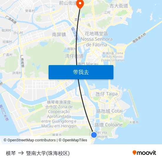 横琴 to 暨南大学(珠海校区) map
